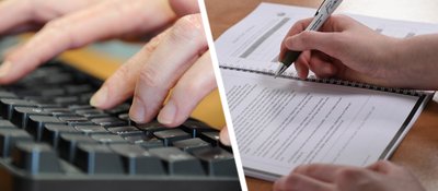 hands typing on a keyboard and hands writing with pen on paper