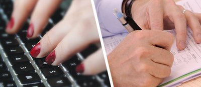 hands typing on a keyboard and hands writing with pen on paper